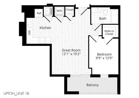 Floor plan for 1 bed, 1 bath, 630 sqft